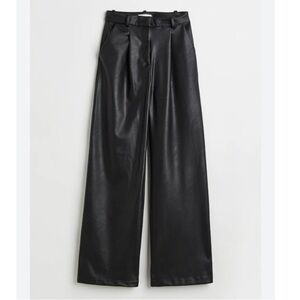 New H&M Faux Leather Wide Leg Pants High Waisted Trousers Pleated Black